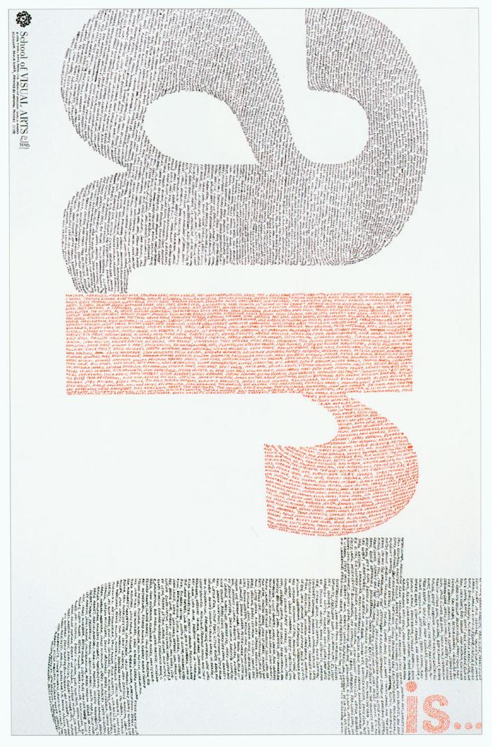 Posters depicts: The word "art" turned vertically, and made up of small red and black text against a white background.
