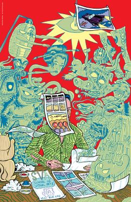 Posters depicts: Colorful illustration of a male cartoonist surrounded by green ghosts against a red background.