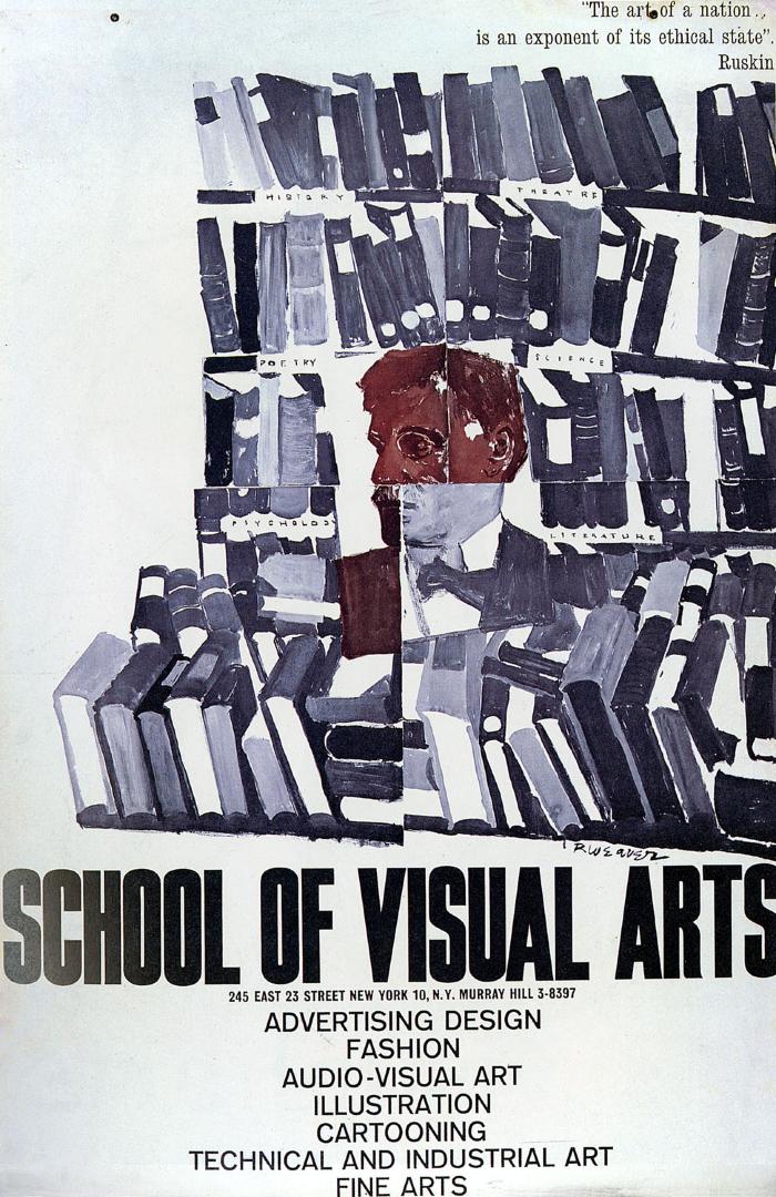 Posters depicts: Portrait of a man, segmented to resemble a collage, surrounded by purple books against a white background.