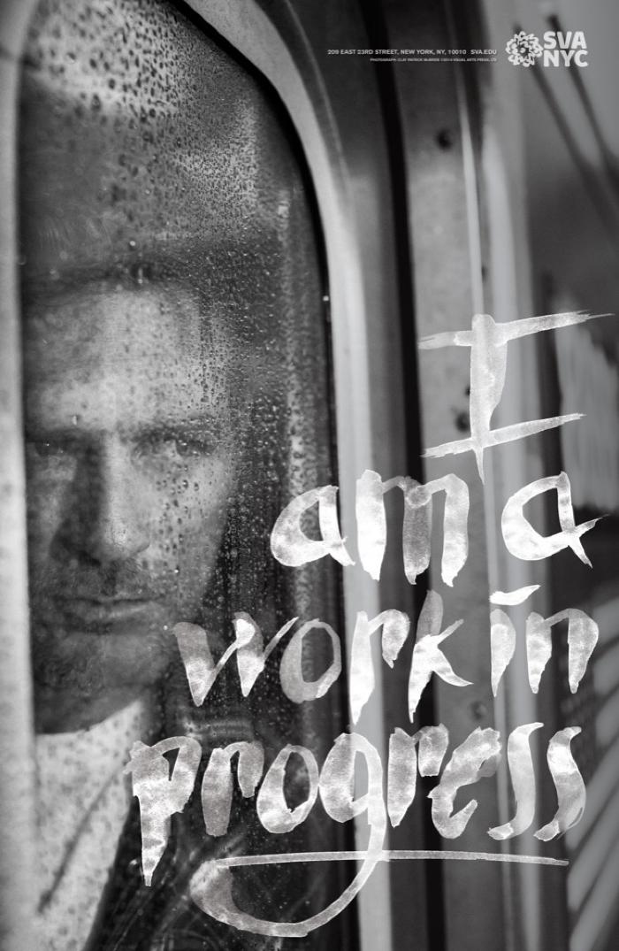Posters depicts: Black and white photograph of a man looking out of a raindrop covered subway window. Text appears in white brush hand-lettering.