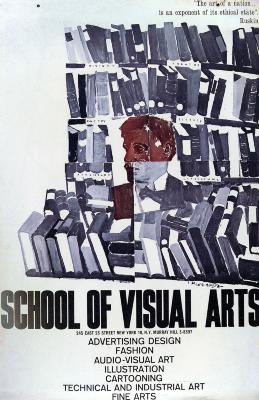 Posters depicts: Portrait of a man, segmented to resemble a collage, surrounded by purple books against a white background.