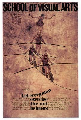 Posters depicts: Sepia illustration of circus performer walking on a tightrope, two on bikes, and two others balancing on top of a pole connecting the two bikes. A crowd is visible on the ground.