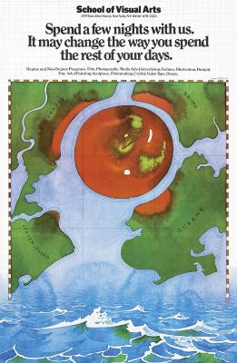 Posters depicts: Aerial view of a map of New York with an apple in the middle of it; the representation of water pans down to become an actual body of water.