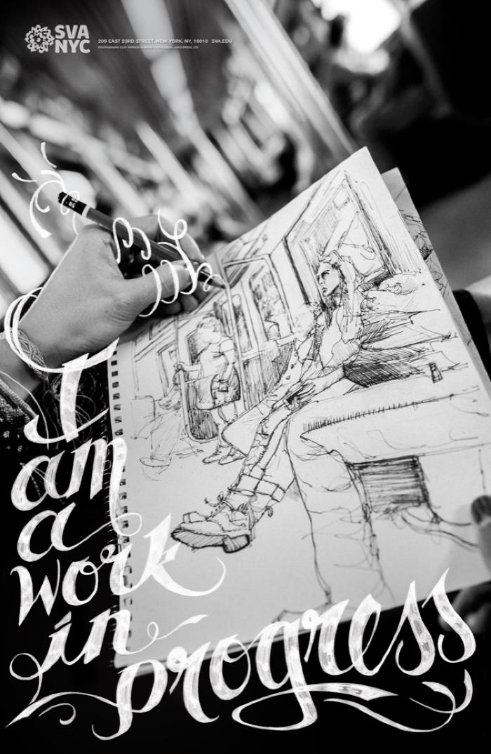 Posters depicts: Black and white close-up photograph of a drawing being done on the subway. Text appears in white, cursive and hand-written.