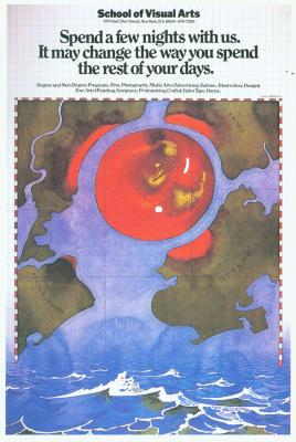 Posters depicts: Aerial view of a map of New York with an apple in the middle of it; the representation of water pans down to become an actual body of water.