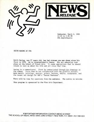 Press Releases depicts: typed press release with Haring figure at top left