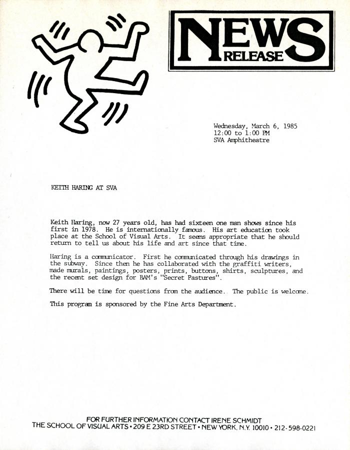 Press Releases depicts: typed press release with Haring figure at top left