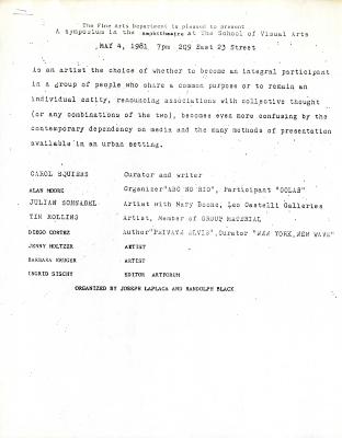 Press Releases depicts: typed press release (Jenny Holzer's last name is misspelled 'Holtzer')