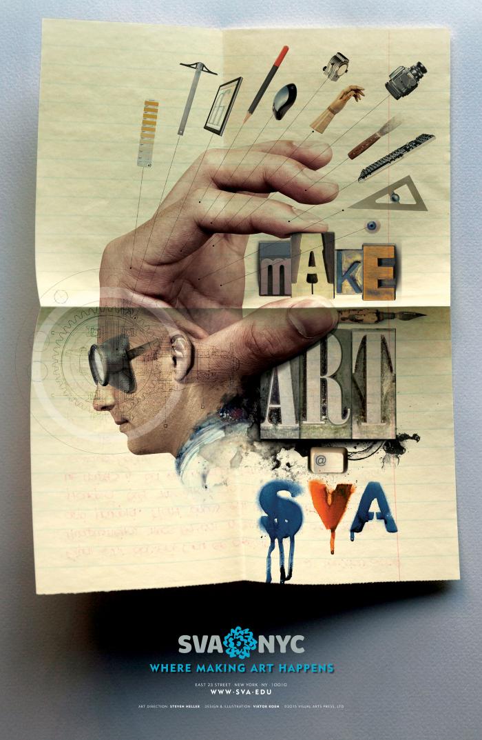 Posters depicts: A man in profile with hand forming the top of his head; the hand is holding the letters M, A, K, E, as part of "Make Art".