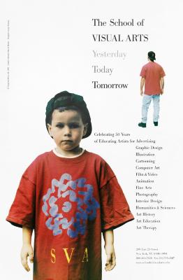 Posters depicts: Color photograph against a white background; forward-facing shot of a young boy wearing a red SVA t-shirt and a backwards baseball cap; in the background is the back of a grown man wearing a similar outfit.