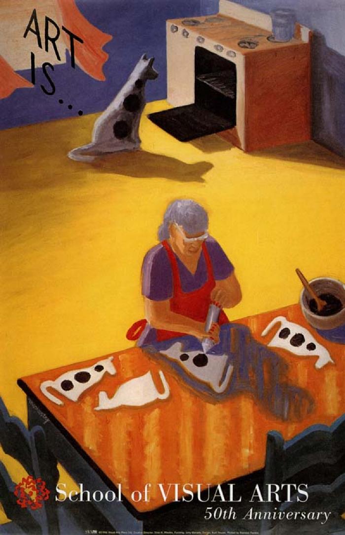 Posters depicts: olor painting of an older woman decorating dog-shaped cookies; in the background, an identical dog looks into the oven.