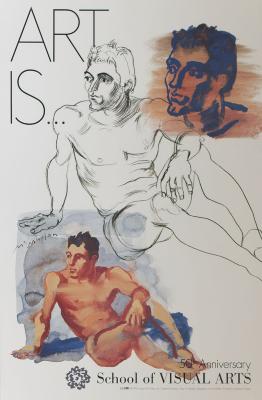 Posters depicts: Black and white sketch of a seated male figure surrounded by color studies of the same image.
