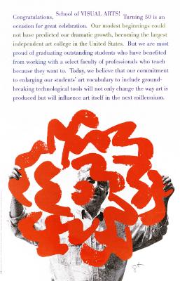 Posters depicts: Paragraph of text against a white background, above a black and white photograph of a man holding up a large red SVA logo.