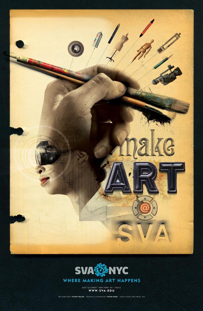 Posters depicts: woman in profile with hand forming the top of her head; the hand is holding art utensils