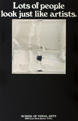 Posters depicts: A black poster with a reflective square, above which is the text, "Lots of people look just like artists."