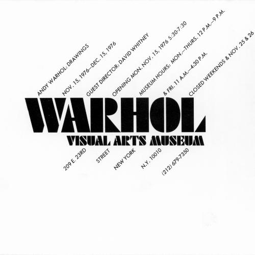 Announcements and invitations depicts: Warhol name in center with information about the exhibition displayed in diagonal lines