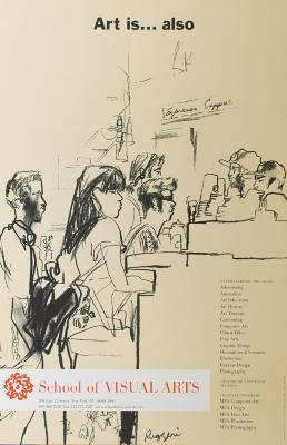 Posters depicts: Graphite drawing against a white background of diverse people waiting in line for coffee.