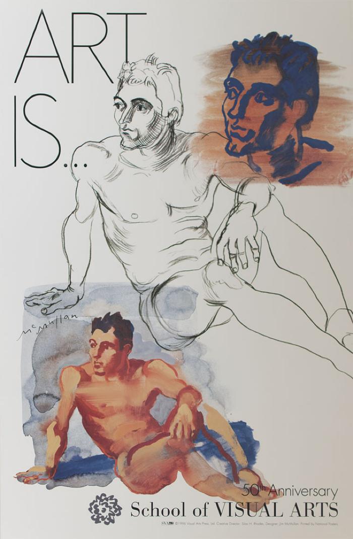 Posters depicts: Black and white sketch of a seated male figure surrounded by color studies of the same image.