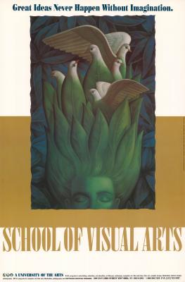 Posters depicts: Against a white and gold background, a rectangular illustration of the top of a green person's head, which turns into leaves, which turns into doves.