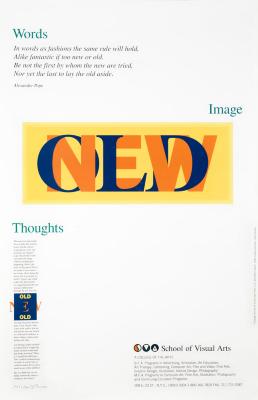 Posters depicts: Arrangement of text against a white background; headers are teal, centering around a yellow box of text containing the words "NEW" (in orange) and "OLD" (in dark blue.)