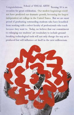 Posters depicts: Paragraph of text against a white background, above a black and white photograph of a man holding up a large red SVA logo.