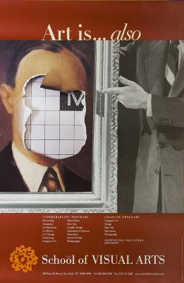 Posters depicts: Black and white photograph of a suited man gesturing towards a ripped color painting of a man's face, showing a black and white grid underneath with the letter M visible.