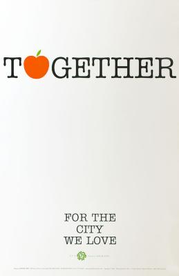 Posters depicts: Typewriter-style text against a white background; the letter 'O' in 'Together' is a graphic of an apple.