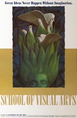 Posters depicts: Against a white and gold background, a rectangular illustration of the top of a green person's head, which turns into leaves, which turns into doves.