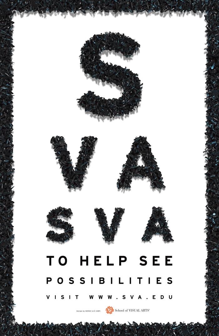 Posters depicts: Text, arranged like a vision test against a white background; letters are made of black screws.