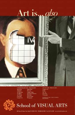 Posters depicts: Black and white photograph of a suited man gesturing towards a ripped color painting of a man's face, showing a black and white grid underneath with the letter M visible.