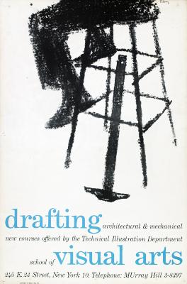 Posters depicts: Rough charcoal illustration of someone's feet sitting on a chair with a T square leaning against it. Header text appears in blue against a white background.