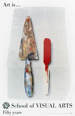 Posters depicts: Color painting of a dirty paint palette knife and a red paint stick against a delicate red, black and white pattern.