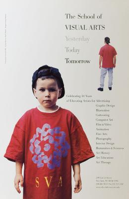 Posters depicts: Color photograph against a white background; forward-facing shot of a young boy wearing a red SVA t-shirt and a backwards baseball cap; in the background is the back of a grown man wearing a similar outfit.