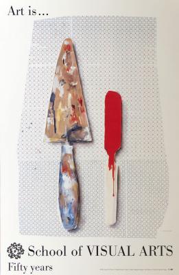Posters depicts: Color painting of a dirty paint palette knife and a red paint stick against a delicate red, black and white pattern.