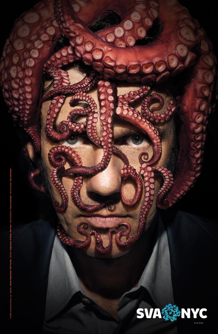Posters depicts: Portrait of a Stefan Sagmeister with a pink octopus on his head. Text is spelled out on his face using tentacles.