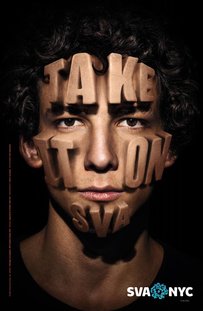 Posters depicts: Portrait of a man's head; he has curly black hair, medium skin and dark eyes. Text appears three-dimensional, under his skin and bursting from his face.