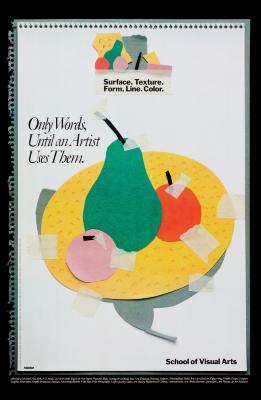 Posters depicts: Geometric collage of a bowl of fruit held together with masking tape against a white background.