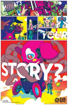 Posters depicts: Colorful comic of a female cartoonist building a machine.