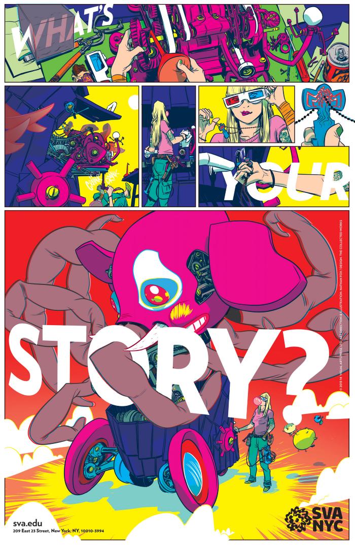 Posters depicts: Colorful comic of a female cartoonist building a machine.