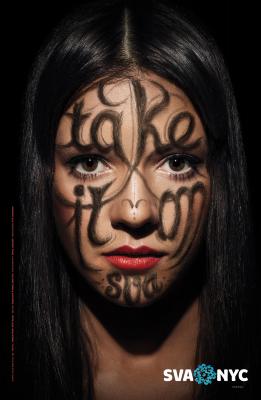 Posters depicts: Portrait of a Jessica Walsh; she has dark skin, red lipstick and long black hair. Text is written on her face and appears to be fur.