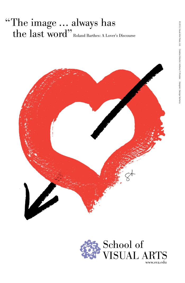 Posters depicts: Red and black graphic of a hand-painted heart with an arrow through it against a white background.