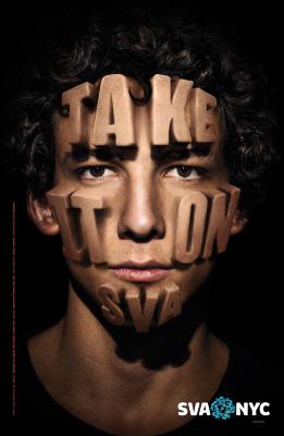 Posters depicts: Portrait of a man's head; he has curly black hair, medium skin and dark eyes. Text appears three-dimensional, under his skin and bursting from his face.