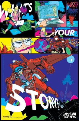 Posters depicts: Colorful comic of a female cartoonist piloting a robot.