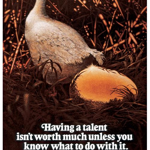 Posters depicts: Highly realistic illustration of a goose walking away from a large golden egg in a wheat field.