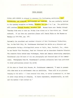 Press Releases depicts: Typewritten description of exhibition