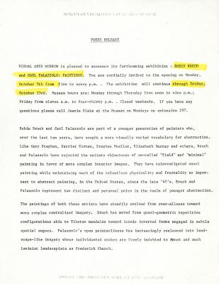 Press Releases depicts: Typewritten description of exhibition
