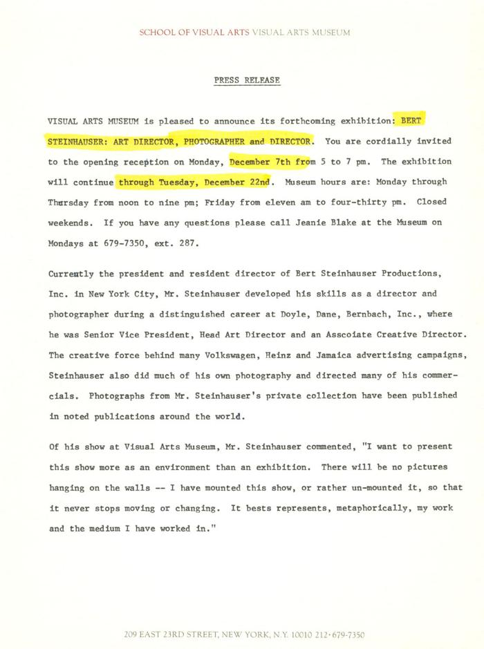 Press Releases depicts: Typewritten description of exhibition
