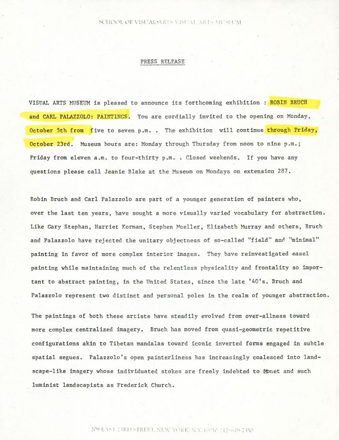 Press Releases depicts: Typewritten description of exhibition