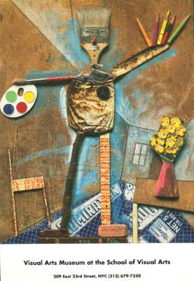 Announcements and invitations depicts: collage of an artist made out of paintbrushes