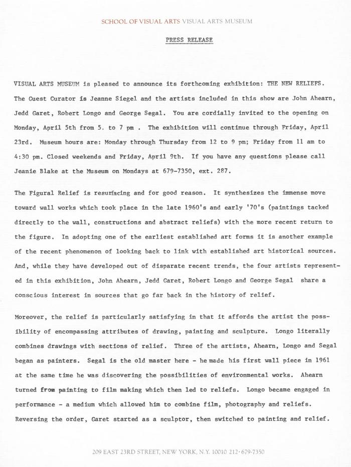 Press Releases depicts: Typewritten description of exhibition
